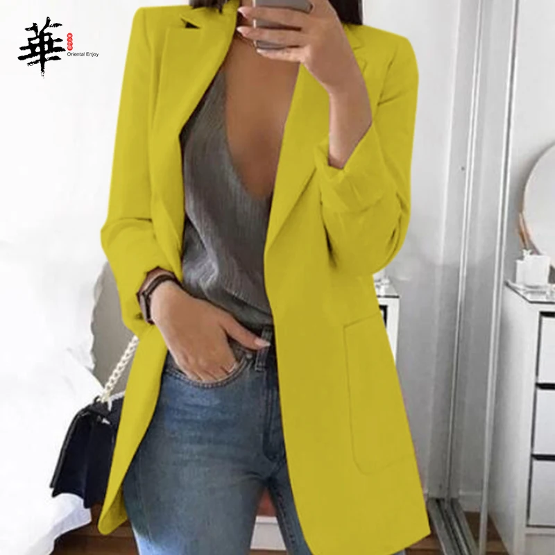 Yellow Размера плюс 5XL минималистичный Для женщин элегантный кардиган пиджак с длинным рукавом OL для худого телосложения Повседневное тонком каблуке Дамская обувь верхняя одежда пиджаки для женщин - Цвет: Yellow