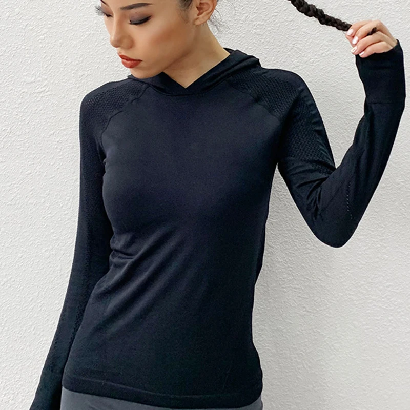 Zhangyunuo, топ с капюшоном для йоги, для спортзала, рубашка с длинным рукавом, сетчатая, для тренировок, для спорта, для женщин, Высокоэластичный, для фитнеса, однотонный, сухой, подходит для активного отдыха