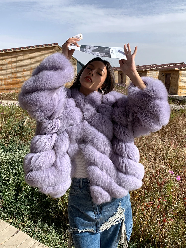 Light Purple Real Fox Fur Jacket Stand Collar Winter New Whole Skin Genuine Fox Fur Coats Thick Warm Fur Overcoats Trendy Woman
