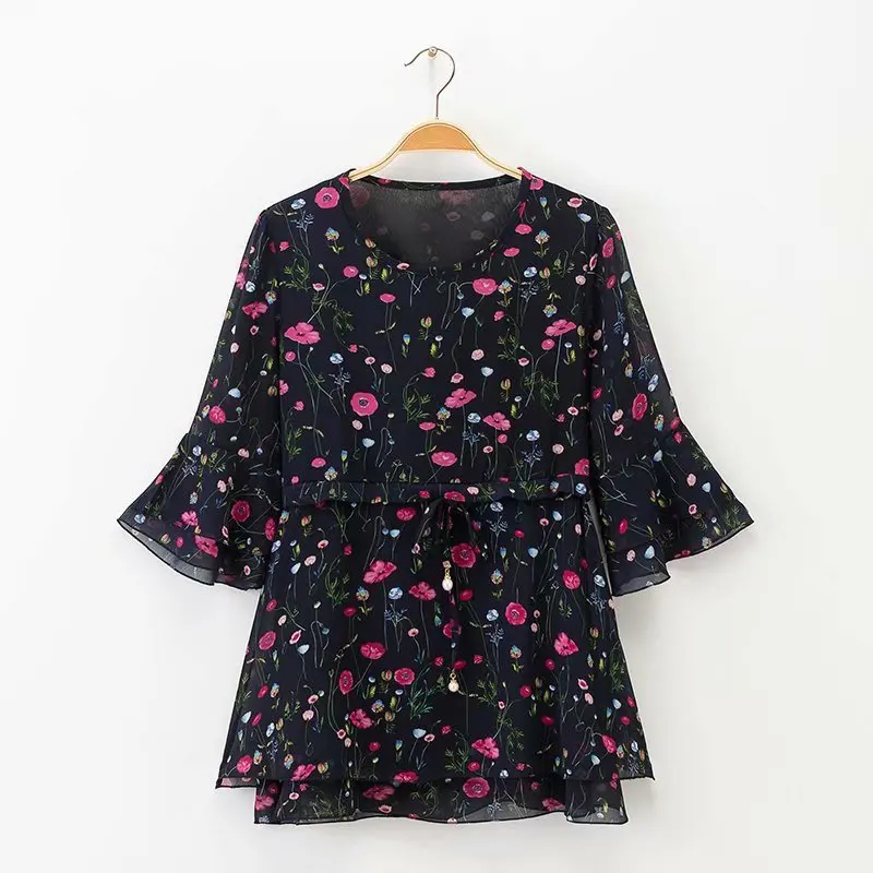 

2019 Western Style Spring And Summer WOMEN'S Dress New Style Chiffon Medium Length Lotus Floral Printed Dress