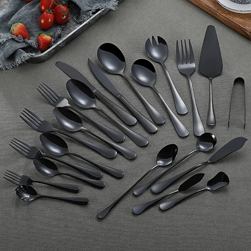 Steel Black Cutlery Set Fish Forks Knives Soup Spoons Chopsticks Butter