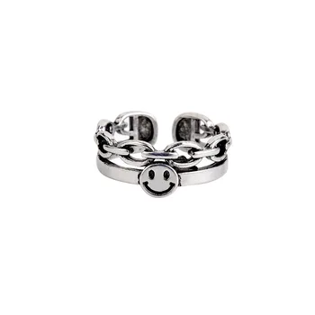

Punk Thai silver color Happy Smiling Face Open Ring Adjustable Stackable Link Twisted For Women Men Unix Rock Geometric Jewelry