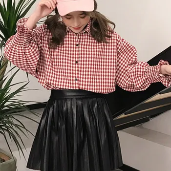 

Women's Plaid Blouse Spring Autumn Lantern Sleeve Shirt Button Turn-down Collar Long Sleeve Preppy Style Women Tops