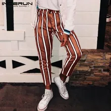 INCERUN Модные Полосатые Мужские штаны для бега эластичная талия повседневные Хип-Хоп Уличная прямые брюки мужские шикарные фитнес брюки