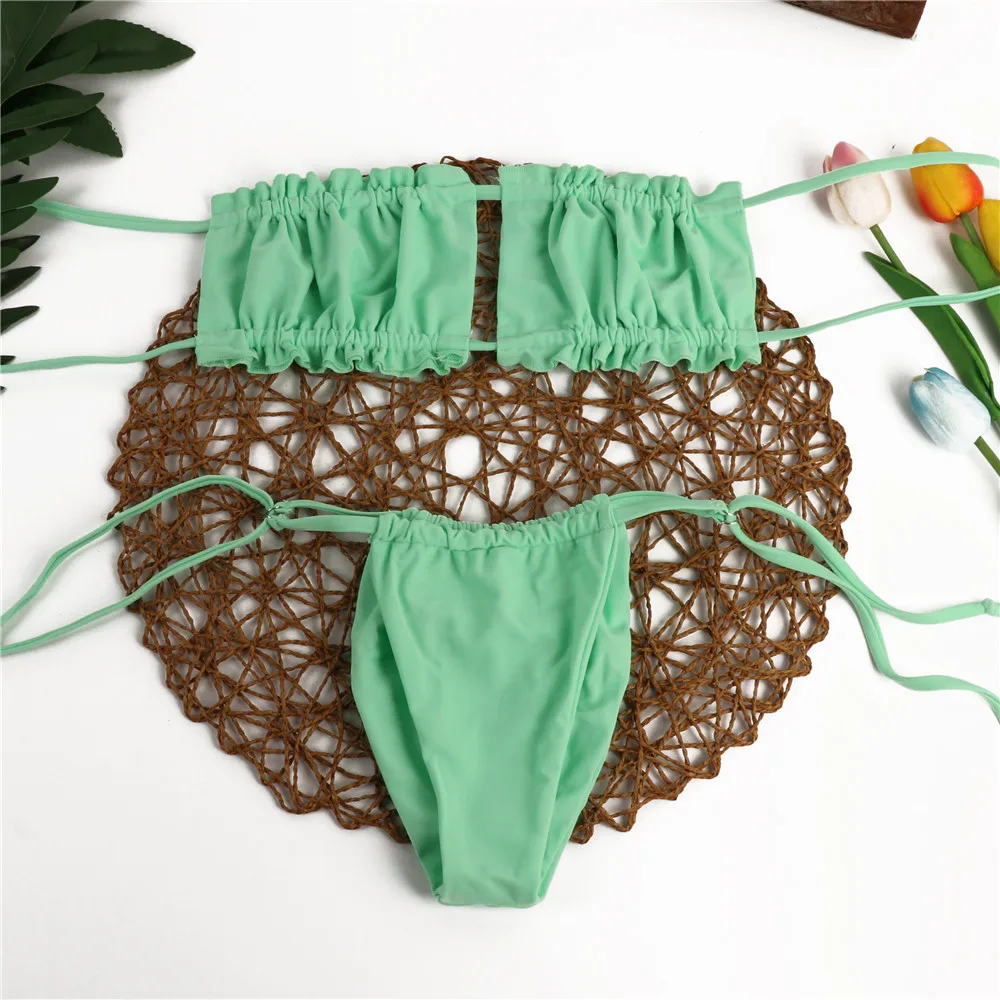 MAILLOT DE BAIN,Sexy Bikini 2020 Mujer épaules nues maillots de bain femmes solide néon violet