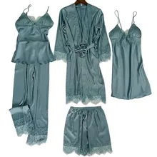 High Quality Five-Piece Pajamas Women's Summer Sexy Sling Nightgown Ice Silk Suspender Shorts with Chest Pad Lace Homewear