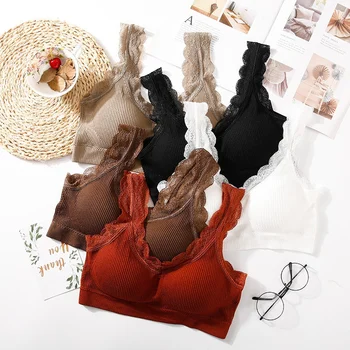 

Ladies Seamless Tank Top with Chest Pad Lingerie Short Top Women Lace Solid Femme Camis Crop Tops Padded Halter Women Bodycon