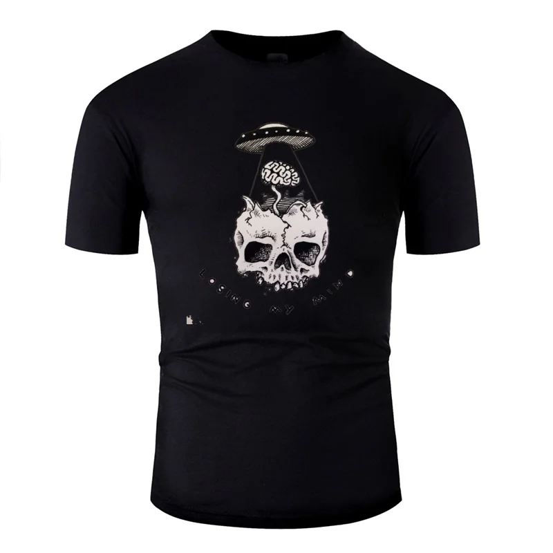 

Print Loosing My Mind Skull Tshirt Men Cotton Women T-Shirts Round Collar Camisas Shirt