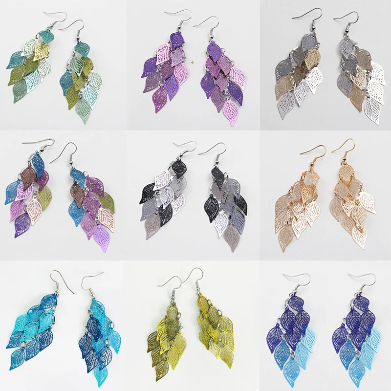 Vintage Hollow Leaves Drop Dangle Long Earrings for Women Bohemian Colorful Fashion Jewelry