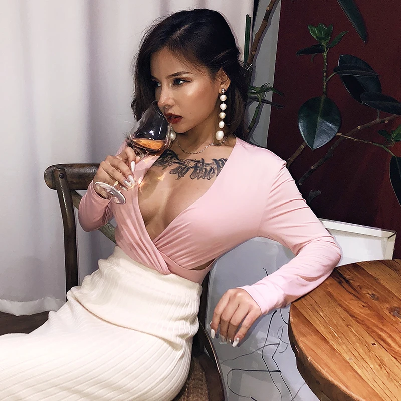 InstaHot розовая футболка с глубоким v-образным вырезом и длинным рукавом, женская сексуальная элегантная винтажная Повседневная укороченная футболка, осенняя тонкая женская офисная футболка