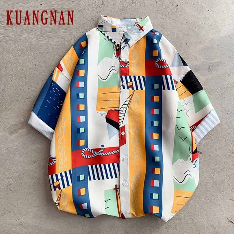 

KUANGNAN Floral Hawaiian Shirt Men Streetwear White Short Sleeve Shirt Men Fashions XXL Men Shirt 2019 Autumn New