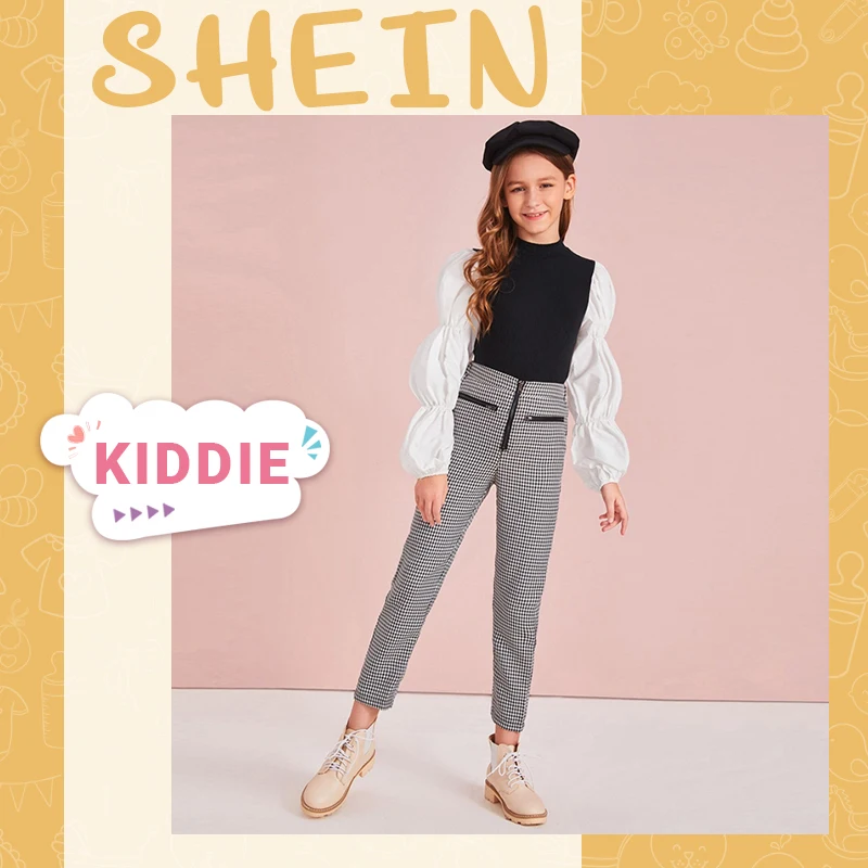 SHEIN Kiddie/черно-белый вязаный Топ в рубчик с рукавами для девочек; милый детский осенний топ со стоячим воротником; Детские повседневные футболки с цветными блоками