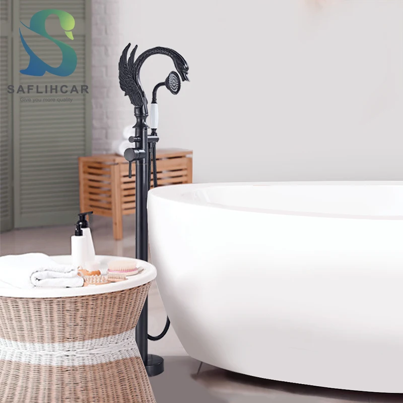 Schwarzer Badezimmer-Badewannen-Wasserhahn, Bodenstehender Warm- Und Kaltwasser-Mischhahn, Spezieller Schwanenform-Auslaufhahn