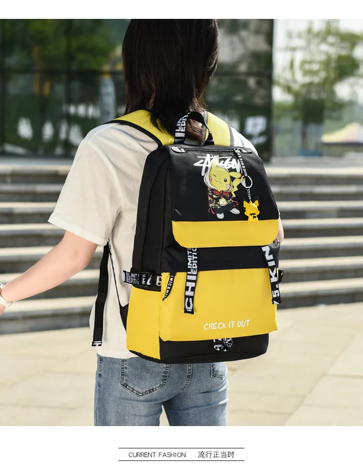 Action Large Pikachu Backpack with USB Charge Line Student Schoolbag Cute Cartoon Pikachu Couple Bags Quality Canvas Bag Gift