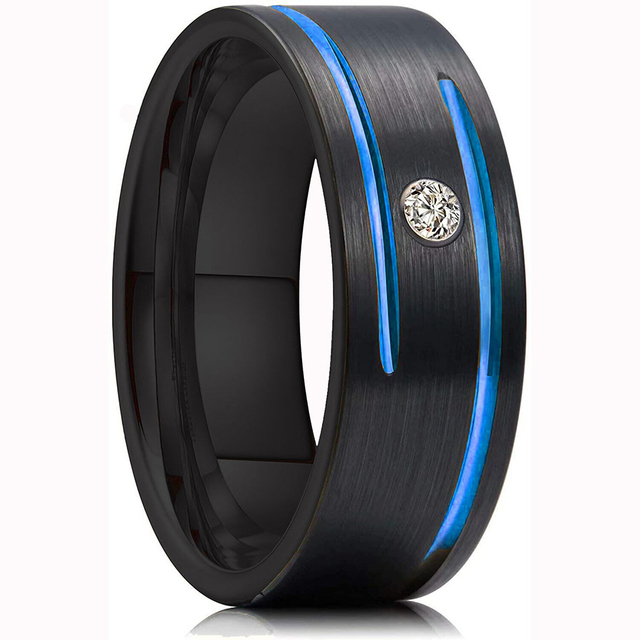 8MM Men's Gold Groove Beveled Edge Stainless Steel Ring Meteorites Inlaid Red carbon fibre Ring Men Wedding Band