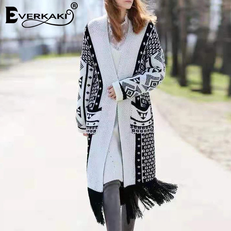 Everkaki Boho с кисточками вязаные зимние кардиганы свитер женский плюс размер теплые