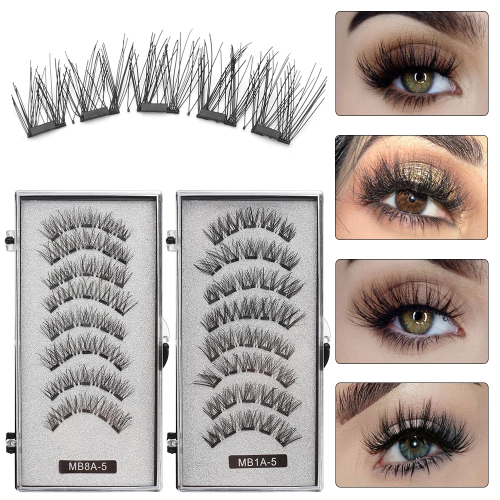 8PCS 5 Magnets 3D Magnetic Eyelashes Natural Long Lasting Handmade Mink Eye Lashes No Glue No Magnetic Needed Eye Makeup Tools