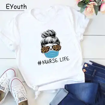 

Quarantine Nurse Life Letter Print Funny Graphic with Leopard Women's Tops and T-shirts 2020 New Fashion Casual Nurse Tee Gifts