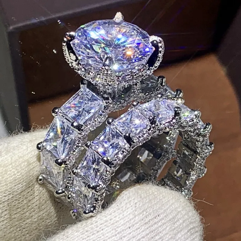 925 Sterling Silver Large Round Cut White Topaz CZ Diamond Couple Rings Women Wedding Bridal Ring Set silver ring wedding rings silver rings gold plated rings gemstone ring