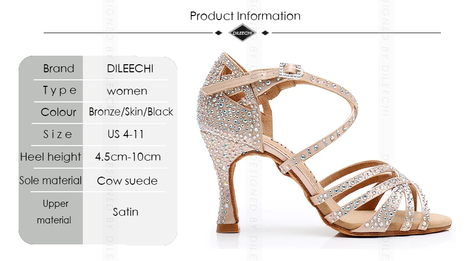 DILEECHI Women Party Dance Shoes Satin Shining rhinestones Latin Dance Shoes Salsa Dance Shoes Square dance shoes