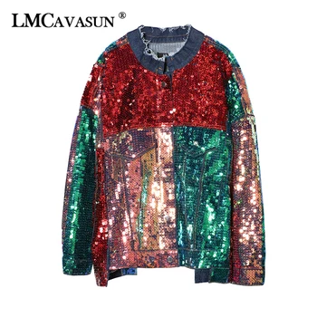 

LMCAVASUN Autumn Sequin Denim Jacket Women Streetwear 2019 Loose Vintage Single Breasted Casual Casacos Feminino Jean Jacket