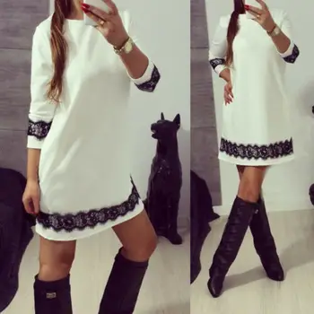 

Spring Autumn Fashion White With Black Lace Dress Women Casual Dress Ladies Evening Party Dress