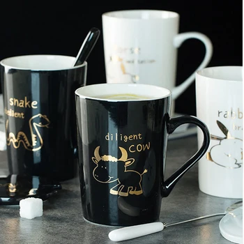 

Ceramic Mugs 12 Zodiac Creative Mugs with Spoon Lid Black and Gold Porcelain Zodiac Milk Coffee Cup Drinkware