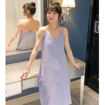 

Summer Women Solid Color Cotton Strap Nightdress Blue Gray Yellow Red Beige Loose Comfortable One-Piece Skirt Girl Home Service