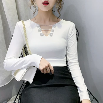 

New 2020 Autumn long sleeve woman tshirt Fashion casual v-neck knitted shirt solid color women tops and shirt