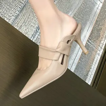 

Genuine Leather Pointed Toe Sandals High Heel Fashion Weding Slippers 2020 Summer Black Beige34-40