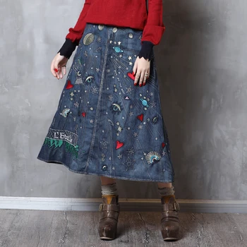 

Women Skirts 2020 Spring Boho Fashion Pockets Cotton Denim Skirt Vintage Dark Blue Embroidery A-Line Saias Feminina Clothing