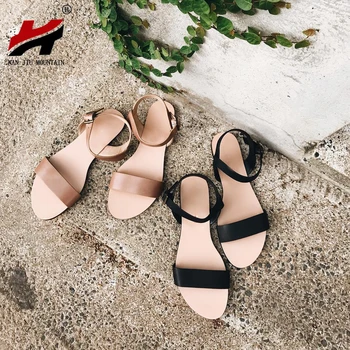 

NAN JIU MOUNTAIN Summer Flat Sandals Women Simple Bright Color Buckle Studded Beach Shoes Plus Size