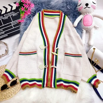 

Sequined knitted sweater coat for Women 2020 autumn and winter Korean oversized striped patchwork cardigan sweater casual top