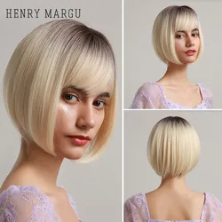 HENRY MARGU Bob Short Hair Wigs for Women Ombre Brown Blonde Wig with Bangs Straight Synthetic Wigs Cosplay Daily Heat Resistant