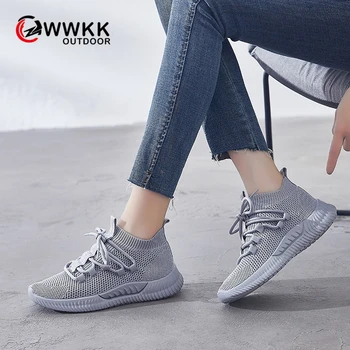 

WWKK 2019 Running Shoes Woman Autumn Comfortable Breathable PU Mesh Flats Female Platform Sneakers Women Shoes Chaussure Femme