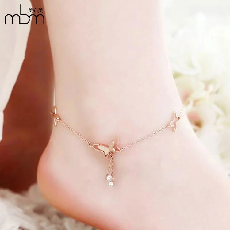 

Europe And America Fashion Elegant Tassels Single Diamond Butterfly Anklet Plated 18k Rose Gold Titanium Steel Anklet Accessorie
