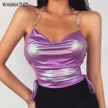 

WannaThis Ruched V-Neck Sexy Camisole Women Metal Chain Straps Backless Crop Top Sleeveless Slim Fashion Summer New Clubwear Top