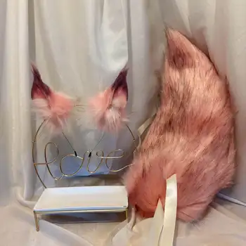 

New Peach Pink Wolf Fox Ears Hair Hoop Tail Set Hand Made Work For KC Cosplay Party Game Costume Accessories Custom Made