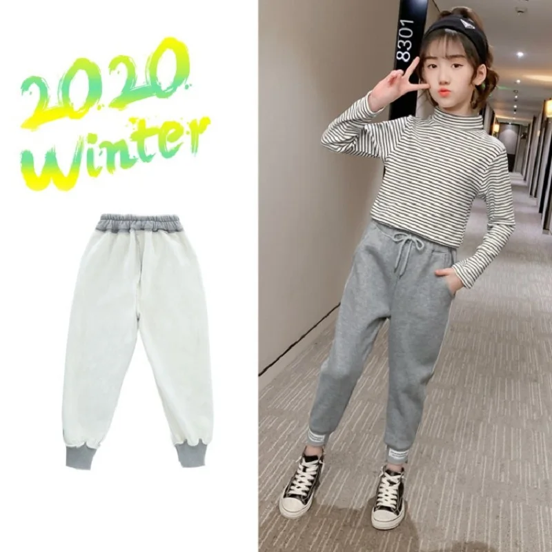 

BEY2020061 New Children Loose Long Casual Pants Baby Girl Sporting Trousers Kids Mid Waist Drawstring Clothes With Velvet Warm