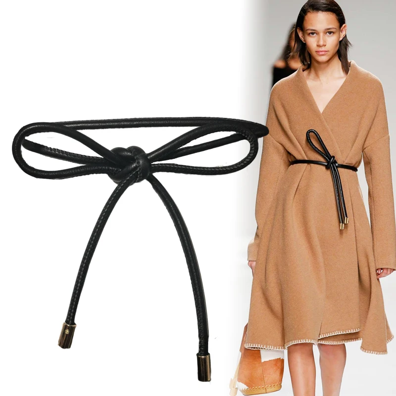 

Women Casual Belt Fashion solid thin knotted Sheep skin Leather Belts For Girl super long soft Genuine Leather waistbands Woman