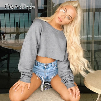 

Solid Pullover Sweatshirt O Neck Long Sleeve Casual Short T-shirts Women Tops Streetwear Autumn Loose Baggy Ladies Cuteandpsycho