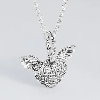 

100% 925 Sterling Silver Charm Angel Wing With Crystal Love Pendant Fit Pandora Women Bracelet & Necklace Diy Jewelry