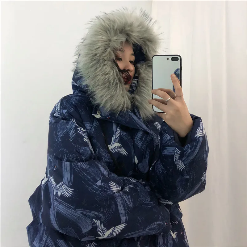 Woherb Harajuku куртки зимняя женская стеганая парка винтажный кран печати свободная японская стеганая куртка с капюшоном Femme Chaqueta Mujer