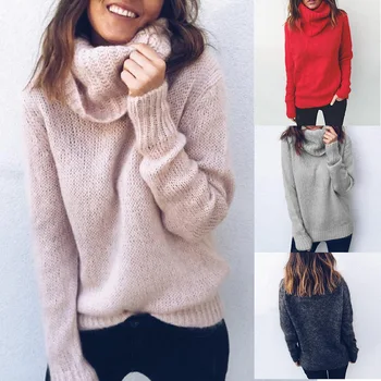 

Solid Color Long Sleeve High Neck Pullover Sweater Autumn and Winter Loose Woman Sweaters Plus Size Jumper Soft Warm Pull Femme