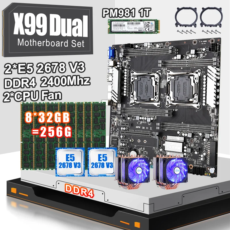 JINGSHA X99 двойной комплект материнской платы с 2шт E5 2678V3 и 8*32 Гб ddr4 ecc reg 2400 МГц RAM