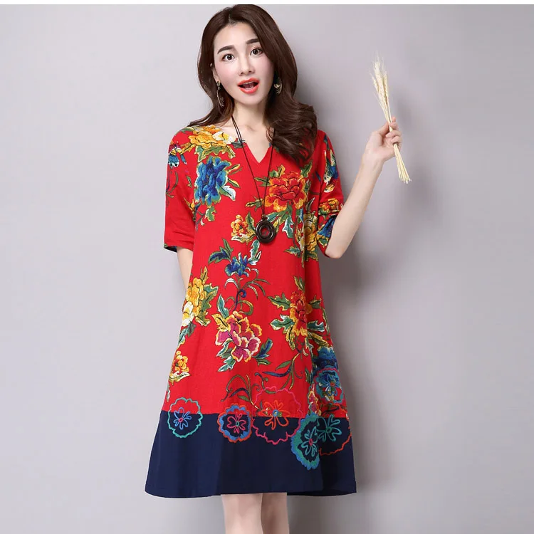 

2019 Spring Summer New Style Ethnic-Style Cotton Linen Large Size WOMEN'S Short Sleeve Shirt Joint Embroidery Dress