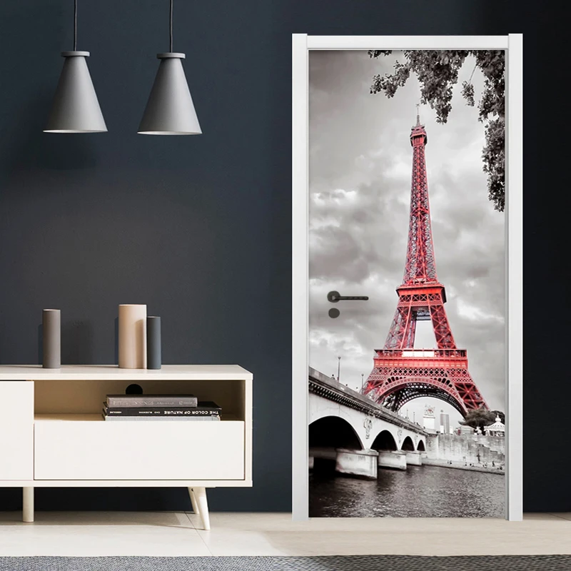 

Self-Adhesive Door Sticker Black And White Painting Red Iron Tower Vinyl 3D Murals Living Room Study Art Wall Sticker Home Decor