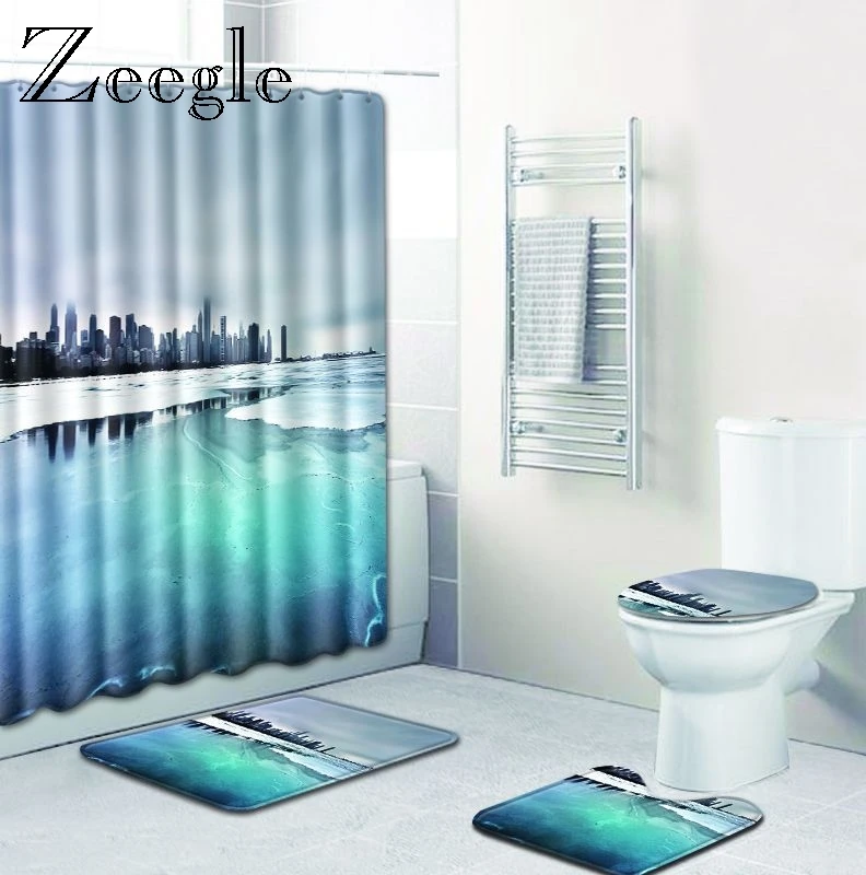 Zeegle Print Shower Curtain Bath Mat Set Pedestal Rug Lid Toilet Cover Mat Bathroom Curtain with Hooks Polyester Bathroom Carpet
