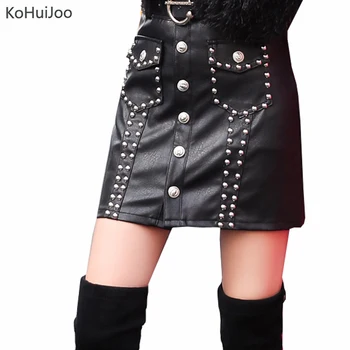

Kohuijoo Autumn Rivet Leather Skirt Women High Waist Sexy Short Mini Pencil Pu Skirts Female High Street Designer Runway Skirts