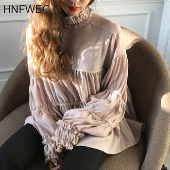 

New 2020 Spring Women Shirts Turtleneck Solid Color Wild Ladies Blouses and Tops Long-sleeved Chiffon Women Clothing V638